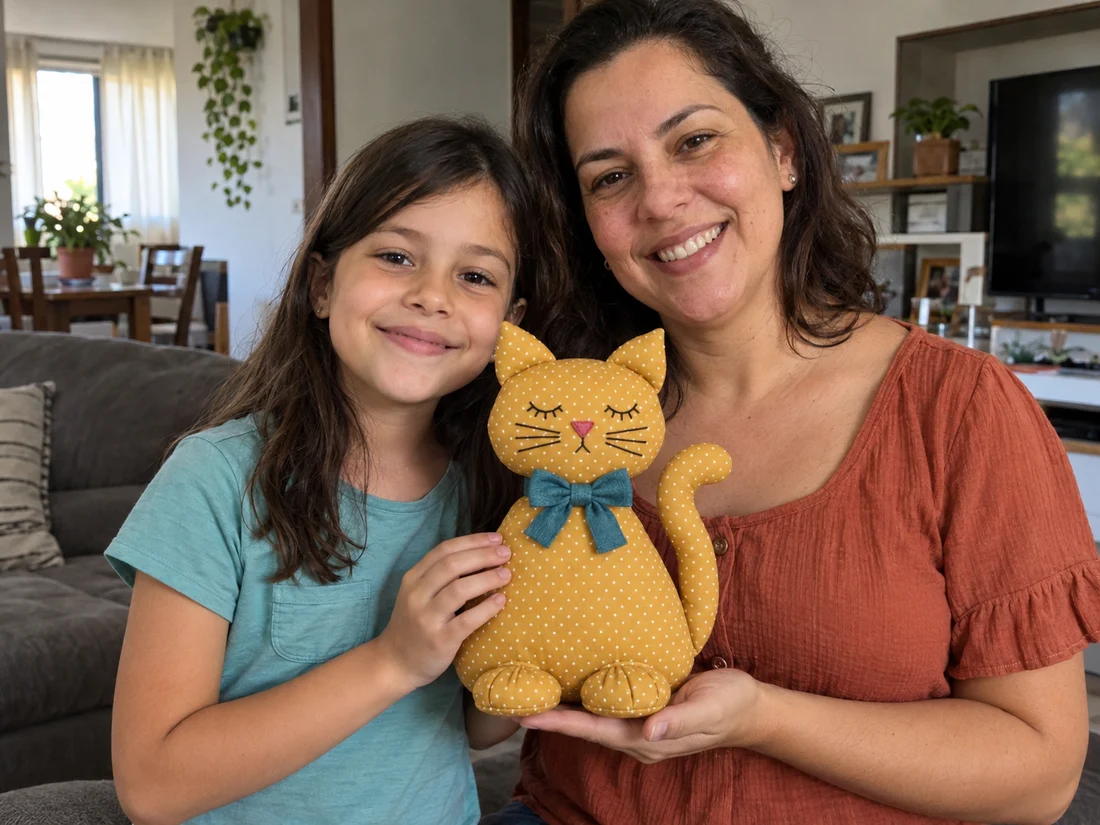 Cena ilustrativa de mãe e filha mostrando um peso de porta de gatinho