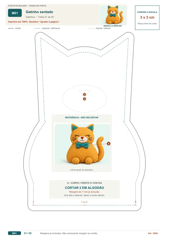 M01 - Gatinho sentado: molde 1, com referência da peça pronta